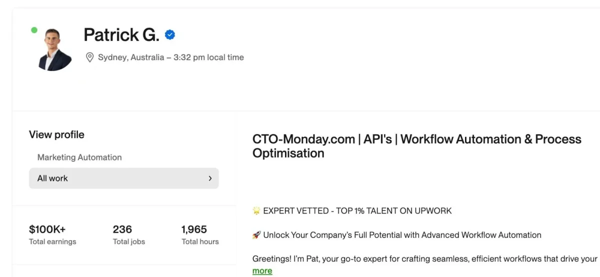 Patrick Goodyer's Upwork profile: $100K+ earned, 236 jobs, Top 1% Expert-Vetted